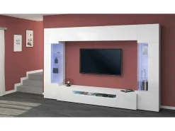 Sistema de parede Dberard, conjunto de sala de TV com 6 portas, móveis de sala multiuso com luz LED, 100% Made in Italy, 290x40h191 cm, branco brilhante