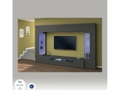 Sistema de parede Dberard, conjunto de sala de TV com 6 portas, móveis de sala multiuso com luz LED, 100% Fabricado na Itália, 290x40h191 cm, Antracite