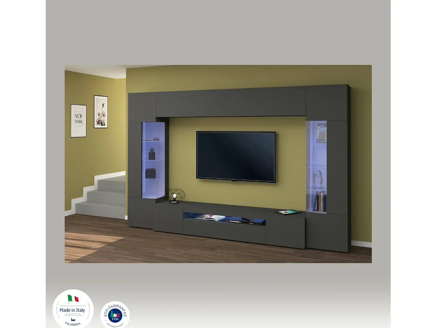Sistema de parede Dberard, conjunto de sala de TV com 6 portas, móveis de sala multiuso com luz LED, 100% Fabricado na Itália, 290x40h191 cm, Antracite