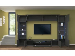 Sistema de parede Dberard, conjunto de sala de TV com 6 portas, móveis de sala multiuso com luz LED, 100% Fabricado na Itália, 290x40h191 cm, Antracite