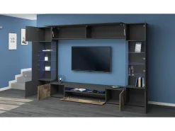 Sistema de parede Dberard, conjunto de sala de TV com 6 portas, móveis de sala multiuso com luz LED, 100% Fabricado na Itália, 290x40h191 cm, Antracite e Bordo