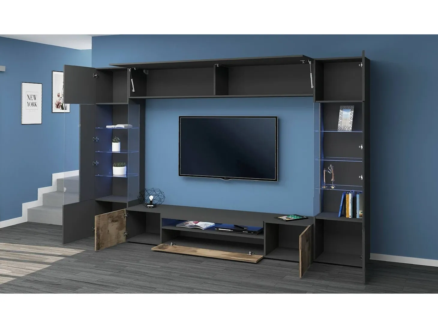 Sistema de parede Dberard, conjunto de sala de TV com 6 portas, móveis de sala multiuso com luz LED, 100% Fabricado na Itália, 290x40h191 cm, Antracite e Bordo