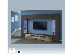 Sistema de parede Dberard, conjunto de sala de TV com 6 portas, móveis de sala multiuso com luz LED, 100% Fabricado na Itália, 290x40h191 cm, Antracite e Bordo