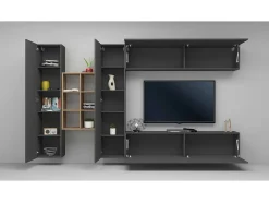 Sistema de parede Dcaldar, conjunto de sala de TV com 4 portas, móveis de sala multiuso, 100% Made in Italy, 280x30h180 cm, Antracite e Maple