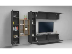 Sistema de parede Dcaldar, conjunto de sala de TV com 4 portas, móveis de sala multiuso, 100% Made in Italy, 280x30h180 cm, Antracite e Maple