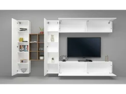 Sistema de parede Dcaldar, conjunto de sala de TV com 4 portas, móveis de sala multiuso, 100% Fabricado na Itália, 280x30h180 cm, Branco brilhante e bordo