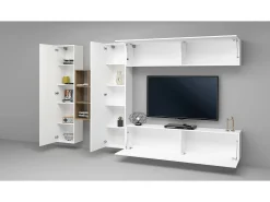Sistema de parede Dcaldar, conjunto de sala de TV com 4 portas, móveis de sala multiuso, 100% Fabricado na Itália, 280x30h180 cm, Branco brilhante e bordo