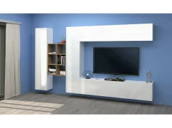 Sistema de parede Dcaldar, conjunto de sala de TV com 4 portas, móveis de sala multiuso, 100% Fabricado na Itália, 280x30h180 cm, Branco brilhante e bordo