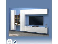 Sistema de parede Dcaldar, conjunto de sala de TV com 4 portas, móveis de sala multiuso, 100% Fabricado na Itália, 280x30h180 cm, Branco brilhante e bordo