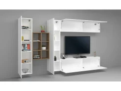 Sistema de parede Dcaldar, conjunto de sala de TV com 4 portas, móveis de sala multiuso, 100% Fabricado na Itália, 280x30h180 cm, Branco brilhante e bordo