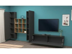 Sistema de parede Dcarbon, conjunto de sala de TV com 3 portas, móveis de sala multiuso, 100% Made in Italy, 270x30h180 cm, Antracite e Maple