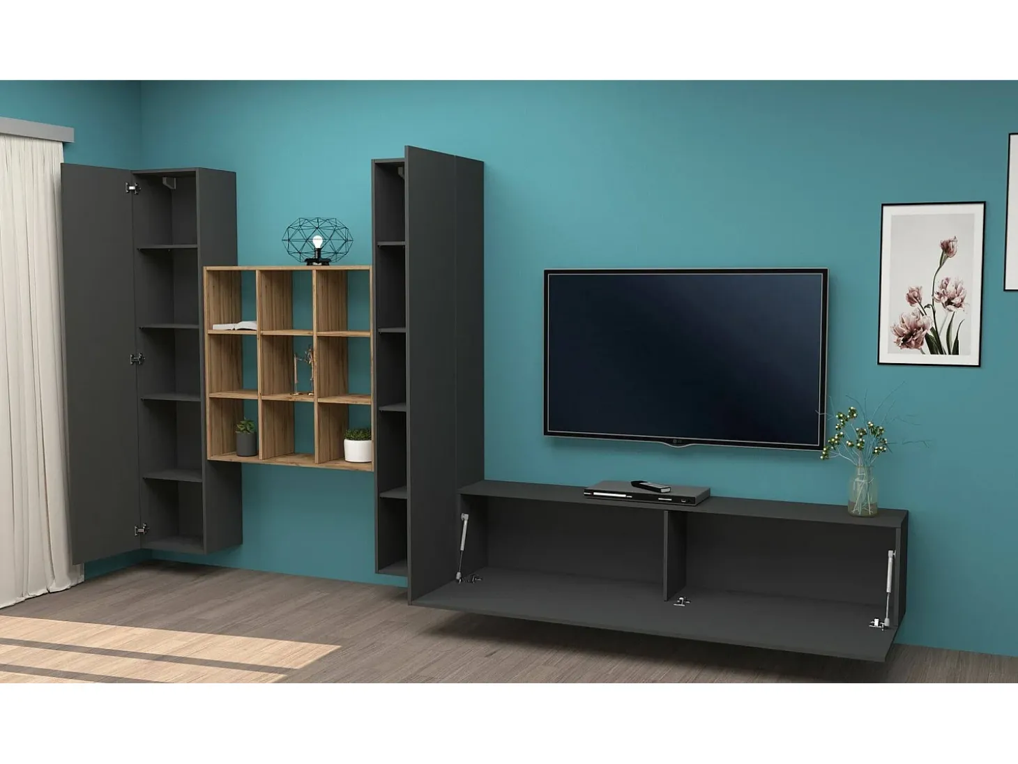 Sistema de parede Dcarbon, conjunto de sala de TV com 3 portas, móveis de sala multiuso, 100% Made in Italy, 270x30h180 cm, Antracite e Maple