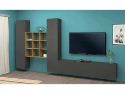 Sistema de parede Dcarbon, conjunto de sala de TV com 3 portas, móveis de sala multiuso, 100% Made in Italy, 270x30h180 cm, Antracite e Maple