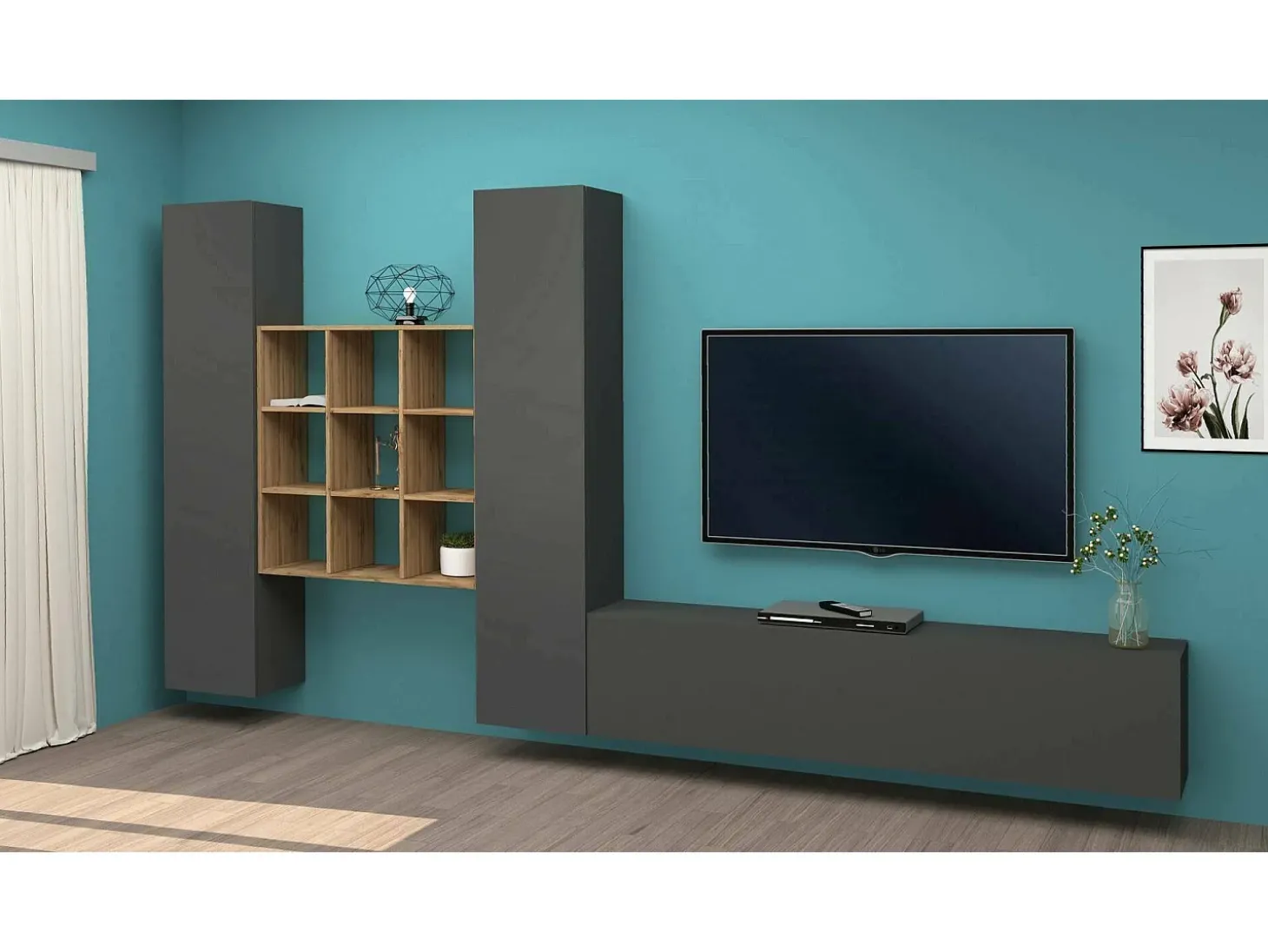 Sistema de parede Dcarbon, conjunto de sala de TV com 3 portas, móveis de sala multiuso, 100% Made in Italy, 270x30h180 cm, Antracite e Maple