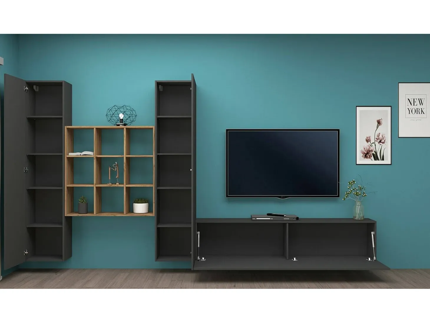 Sistema de parede Dcarbon, conjunto de sala de TV com 3 portas, móveis de sala multiuso, 100% Made in Italy, 270x30h180 cm, Antracite e Maple