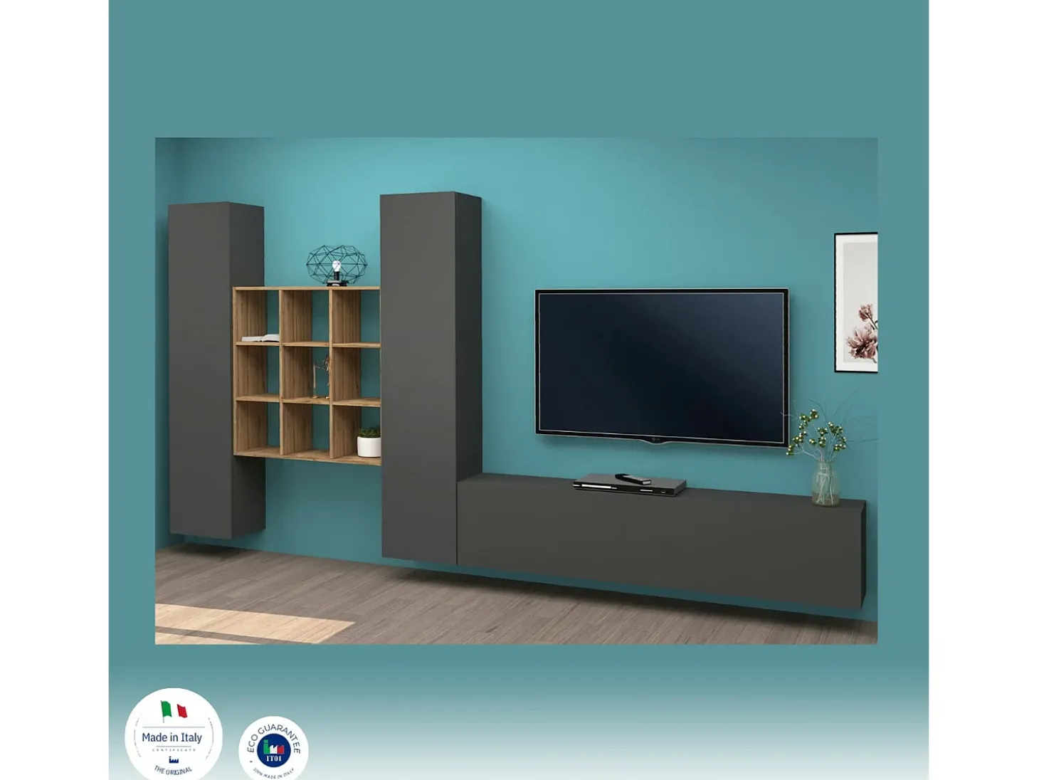 Sistema de parede Dcarbon, conjunto de sala de TV com 3 portas, móveis de sala multiuso, 100% Made in Italy, 270x30h180 cm, Antracite e Maple