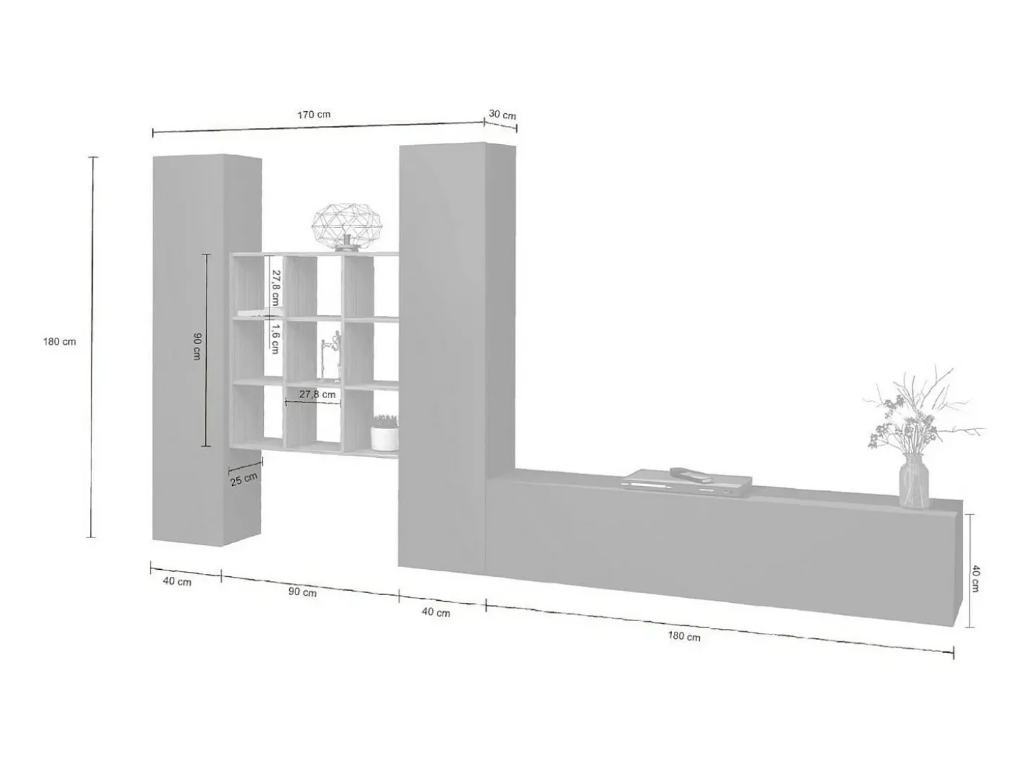 Sistema de parede Dcarbon, conjunto de sala de TV com 3 portas, móveis de sala multiuso, 100% Made in Italy, 270x30h180 cm, Antracite e Maple