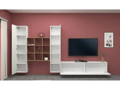 Sistema de parede Dcarbon, conjunto de sala de TV com 3 portas, móveis de sala multiuso, 100% fabricado na Itália, 270x30h180 cm, branco brilhante e bordo