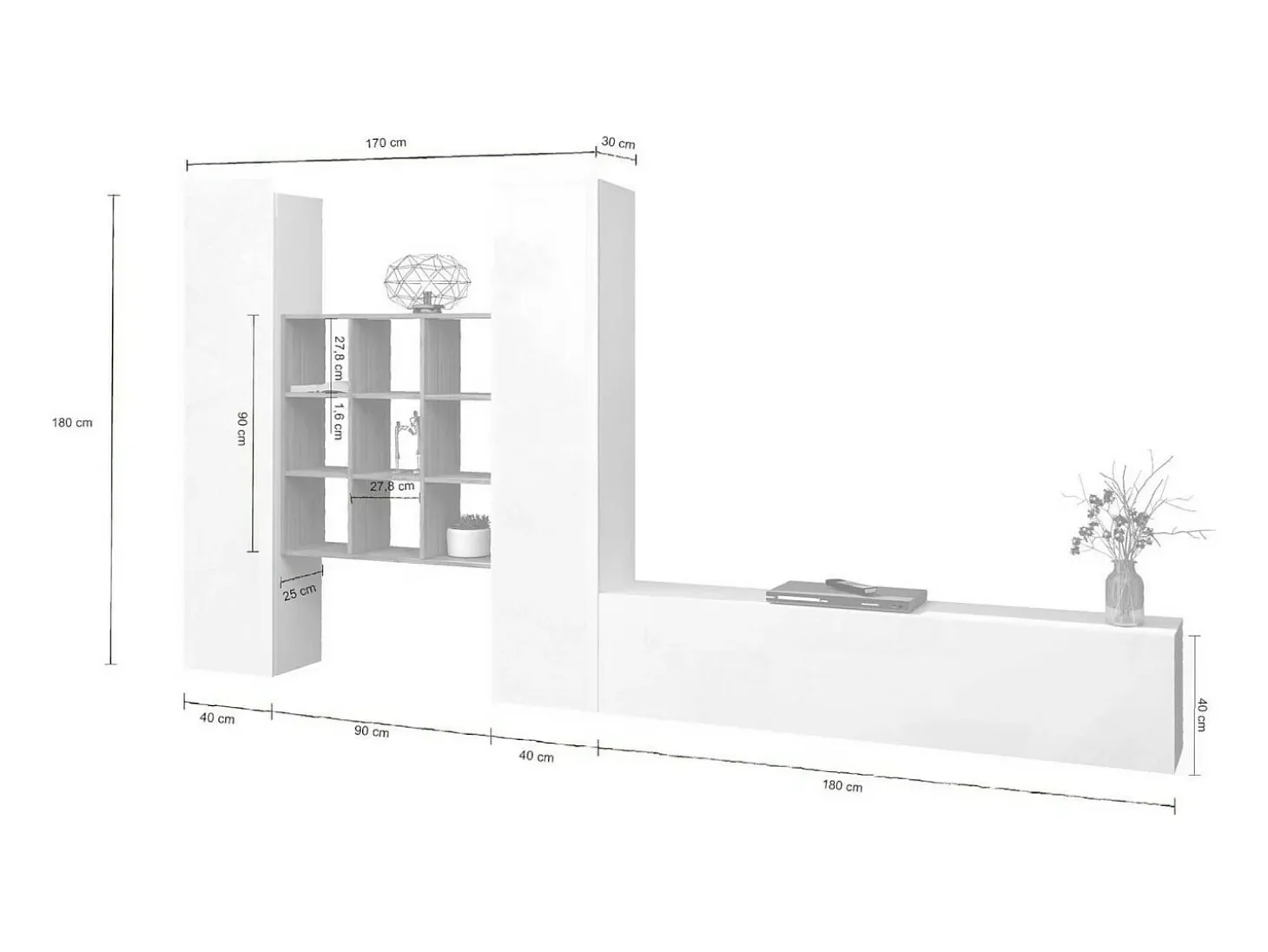 Sistema de parede Dcarbon, conjunto de sala de TV com 3 portas, móveis de sala multiuso, 100% fabricado na Itália, 270x30h180 cm, branco brilhante e bordo