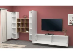 Sistema de parede Dcarbon, conjunto de sala de TV com 3 portas, móveis de sala multiuso, 100% fabricado na Itália, 270x30h180 cm, branco brilhante e bordo