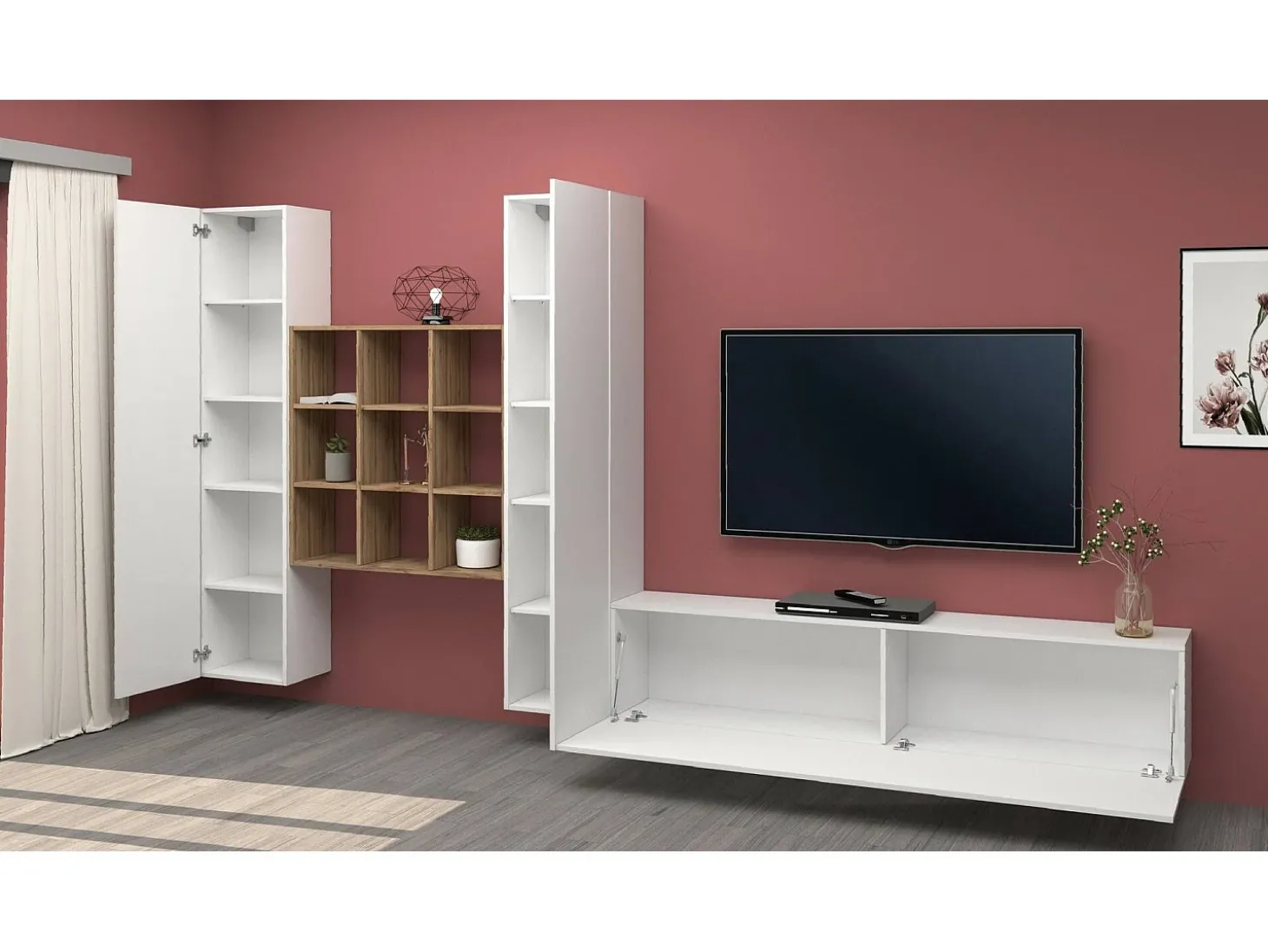 Sistema de parede Dcarbon, conjunto de sala de TV com 3 portas, móveis de sala multiuso, 100% fabricado na Itália, 270x30h180 cm, branco brilhante e bordo