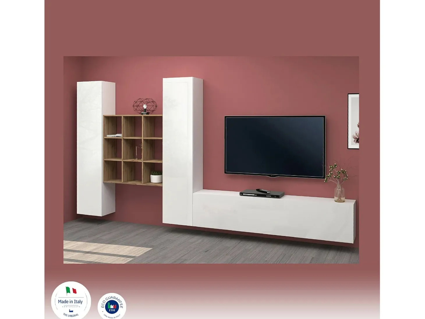 Sistema de parede Dcarbon, conjunto de sala de TV com 3 portas, móveis de sala multiuso, 100% fabricado na Itália, 270x30h180 cm, branco brilhante e bordo