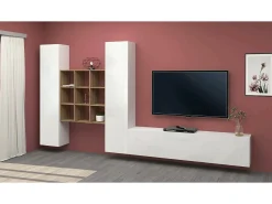 Sistema de parede Dcarbon, conjunto de sala de TV com 3 portas, móveis de sala multiuso, 100% fabricado na Itália, 270x30h180 cm, branco brilhante e bordo