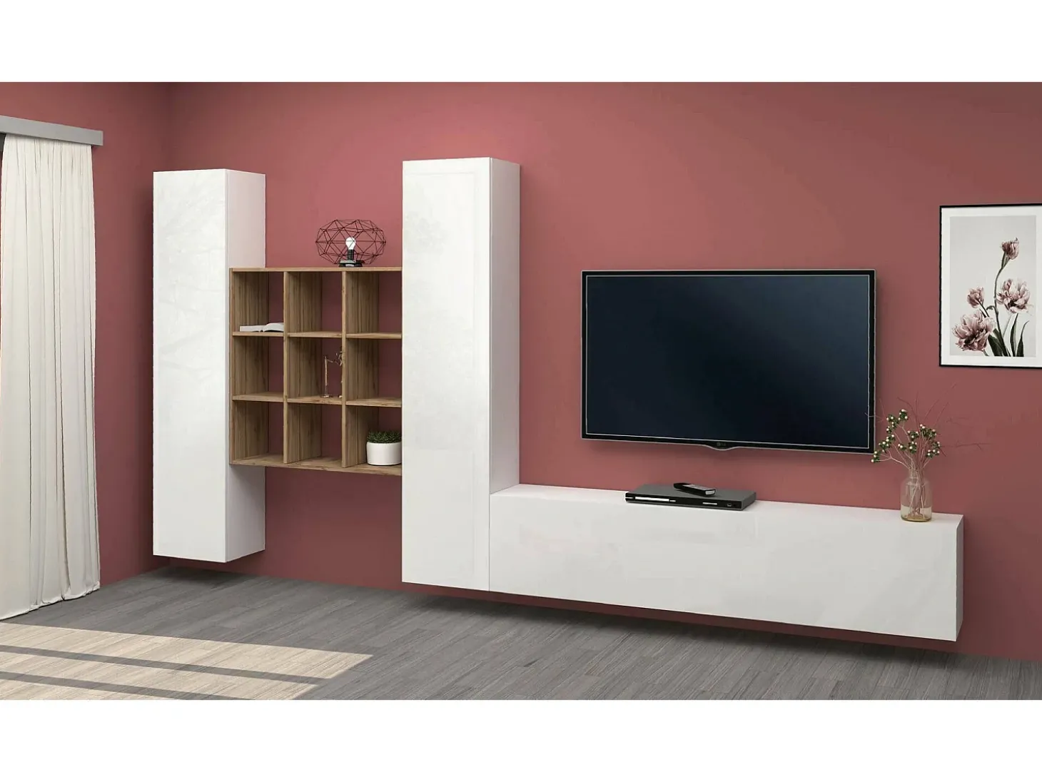 Sistema de parede Dcarbon, conjunto de sala de TV com 3 portas, móveis de sala multiuso, 100% fabricado na Itália, 270x30h180 cm, branco brilhante e bordo