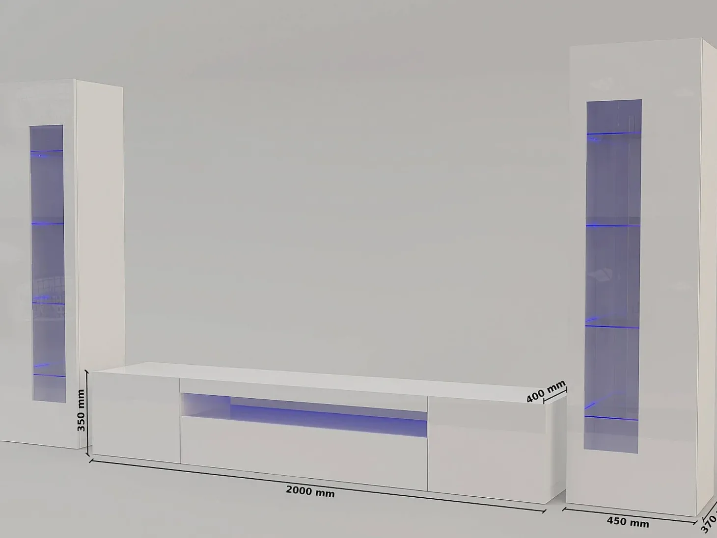 Sistema de parede Dcontin, conjunto de sala de TV, móveis de sala multiuso com luz LED, 100% Fabricado na Itália, 290x40h162 cm, Branco brilhante