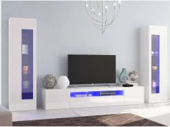 Sistema de parede Dcontin, conjunto de sala de TV, móveis de sala multiuso com luz LED, 100% Fabricado na Itália, 290x40h162 cm, Branco brilhante