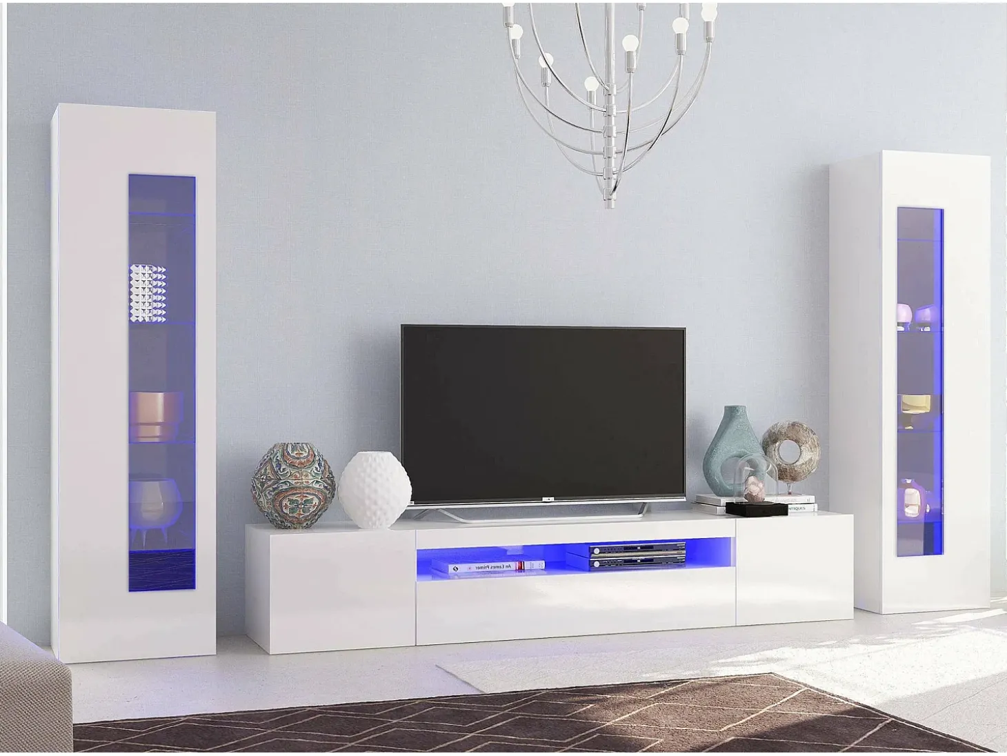 Sistema de parede Dcontin, conjunto de sala de TV, móveis de sala multiuso com luz LED, 100% Fabricado na Itália, 290x40h162 cm, Branco brilhante
