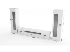 Sistema de parede Dcontin, conjunto de sala de TV, móveis de sala multiuso com luz LED, 100% Fabricado na Itália, 290x40h162 cm, Branco brilhante