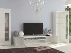 Sistema de parede Dcontin, conjunto de sala de TV, móveis de sala multiuso com luz LED, 100% Fabricado na Itália, 290x40h162 cm, Branco brilhante