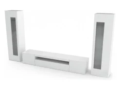 Sistema de parede Dcontin, conjunto de sala de TV, móveis de sala multiuso, 100% fabricado na Itália, 290x40h162 cm, branco brilhante