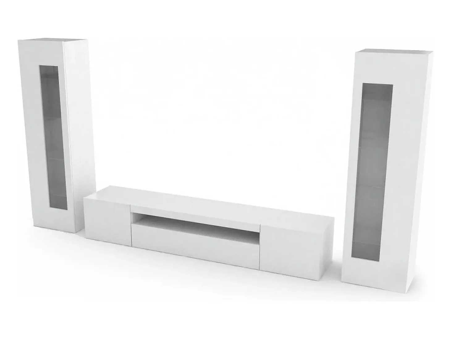 Sistema de parede Dcontin, conjunto de sala de TV, móveis de sala multiuso, 100% fabricado na Itália, 290x40h162 cm, branco brilhante