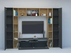 Sistema de parede Ddragon, conjunto de sala de TV com 3 portas, móveis de sala multiuso, 100% Fabricado na Itália, 270x35h210 cm, Antracite e Carvalho