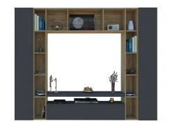 Sistema de parede Ddragon, conjunto de sala de TV com 3 portas, móveis de sala multiuso, 100% Fabricado na Itália, 270x35h210 cm, Antracite e Carvalho