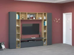 Sistema de parede Ddragon, conjunto de sala de TV com 3 portas, móveis de sala multiuso, 100% Fabricado na Itália, 270x35h210 cm, Antracite e Carvalho