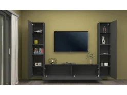 Sistema de parede Ddurmis, conjunto de sala de TV com 3 portas, móveis de sala multiuso, 100% Fabricado na Itália, 260x30h180 cm, Antracite