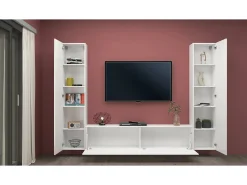Sistema de parede Ddurmis, conjunto de sala de TV com 3 portas, móveis de sala multiuso, 100% fabricado na Itália, 260x30h180 cm, branco brilhante