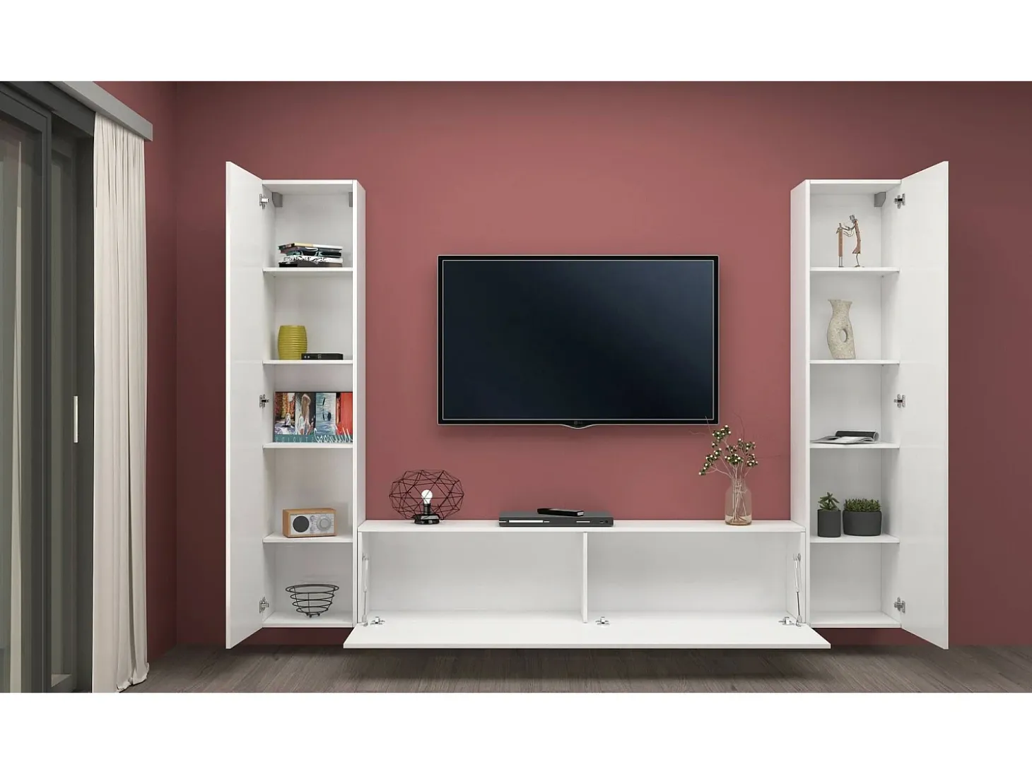 Sistema de parede Ddurmis, conjunto de sala de TV com 3 portas, móveis de sala multiuso, 100% fabricado na Itália, 260x30h180 cm, branco brilhante