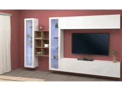 Sistema de parede Demetrio, conjunto de sala de TV com 4 portas, móveis de sala multiuso, 100% Fabricado na Itália, 280x30h180 cm, Branco brilhante e bordo