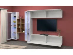 Sistema de parede Demetrio, conjunto de sala de TV com 4 portas, móveis de sala multiuso, 100% Fabricado na Itália, 280x30h180 cm, Branco brilhante e bordo