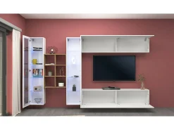 Sistema de parede Demetrio, conjunto de sala de TV com 4 portas, móveis de sala multiuso, 100% Fabricado na Itália, 280x30h180 cm, Branco brilhante e bordo