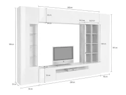 Sistema de parede Dfazz, conjunto de sala de TV, móveis de sala multiuso, 100% fabricado na Itália, 290x40h192 cm, branco brilhante e concreto