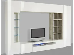 Sistema de parede Dfazz, conjunto de sala de TV, móveis de sala multiuso, 100% fabricado na Itália, 290x40h192 cm, branco brilhante e concreto
