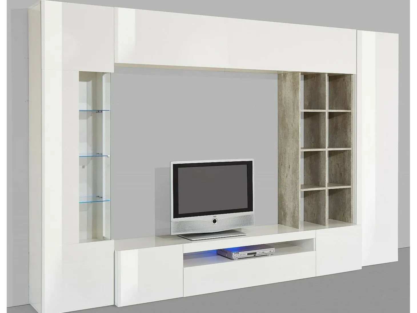 Sistema de parede Dfazz, conjunto de sala de TV, móveis de sala multiuso, 100% fabricado na Itália, 290x40h192 cm, branco brilhante e concreto