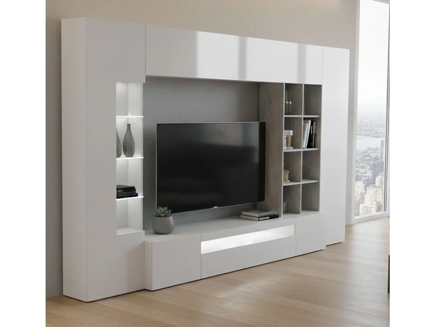 Sistema de parede Dfazz, conjunto de sala de TV, móveis de sala multiuso, 100% fabricado na Itália, 290x40h192 cm, branco brilhante e concreto