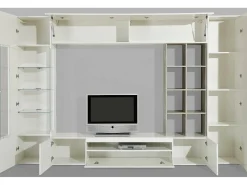 Sistema de parede Dfazz, conjunto de sala de TV, móveis de sala multiuso, 100% fabricado na Itália, 290x40h192 cm, branco brilhante e concreto