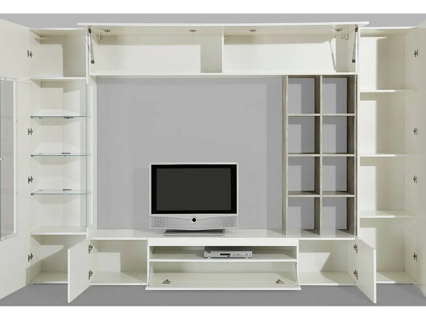 Sistema de parede Dfazz, conjunto de sala de TV, móveis de sala multiuso, 100% fabricado na Itália, 290x40h192 cm, branco brilhante e concreto